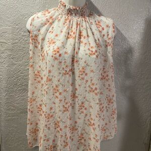 Smocked Neck Floral Camisole Top - White with Coral Floral Print